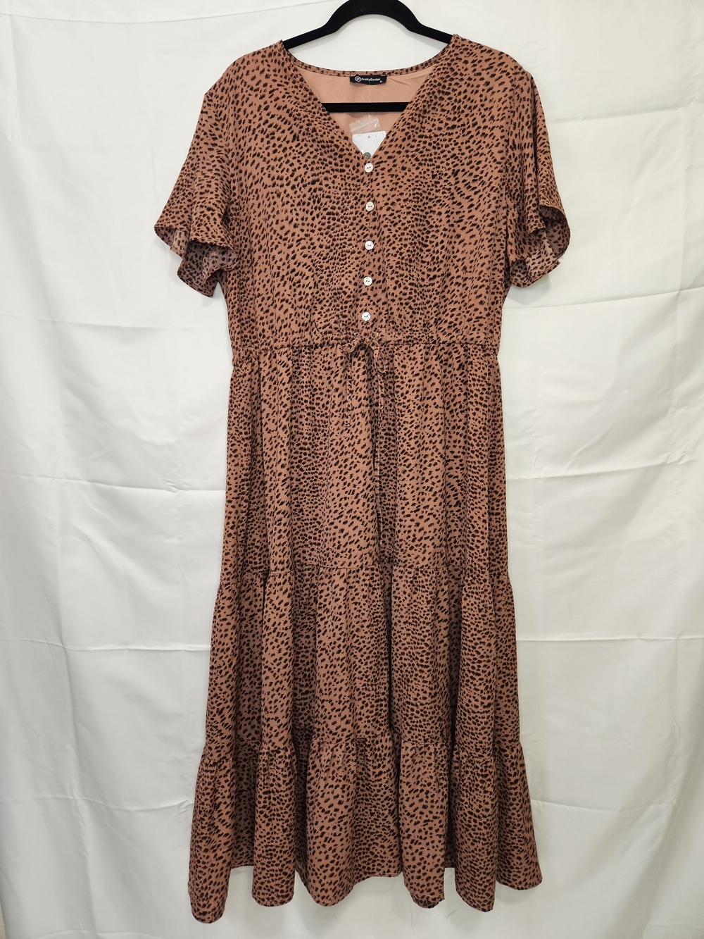 V-Neck Rust/Copper Printed Tierd Maxi Dress with Drawstring Waist Boho Peasant
